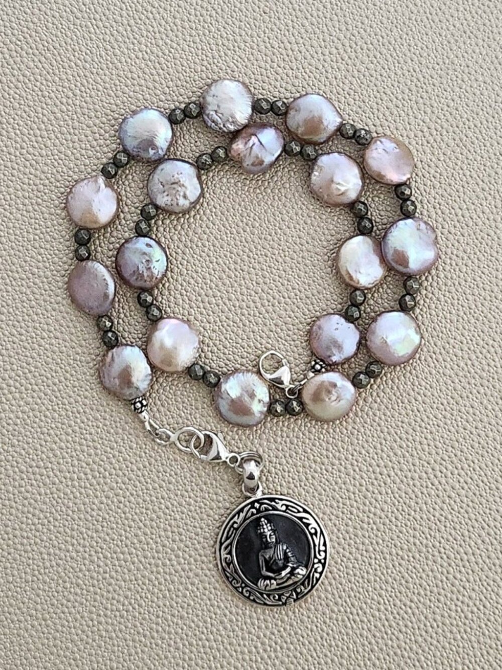 LAVENDER COIN PEARL NECKLACE W/ SITTING BUDDHA--16"